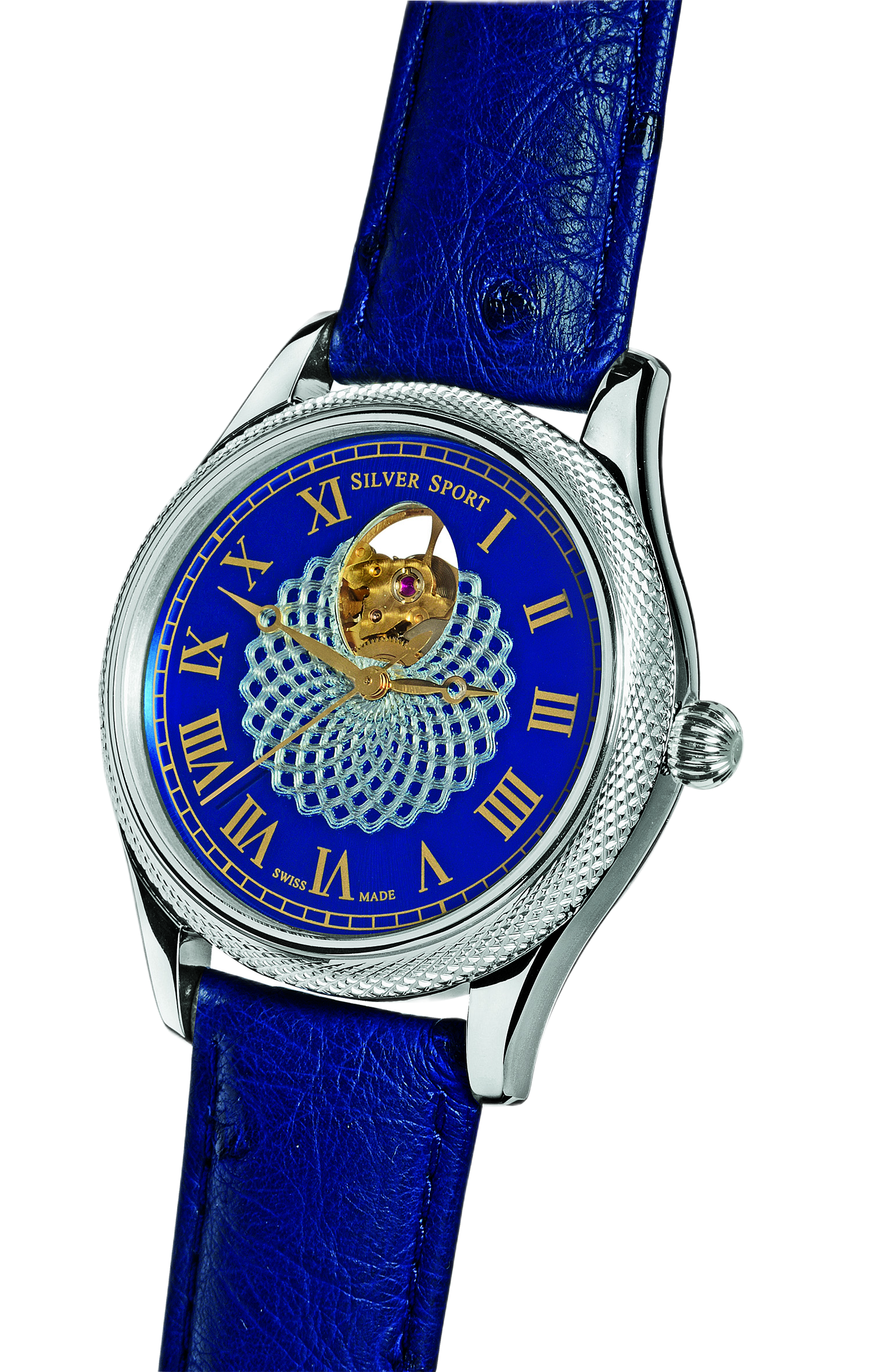 Theo Fabergé guilloché enamel wristwatch with blue dial, Roman numerals and mechanical open-heart movement crafted in Switzerland.