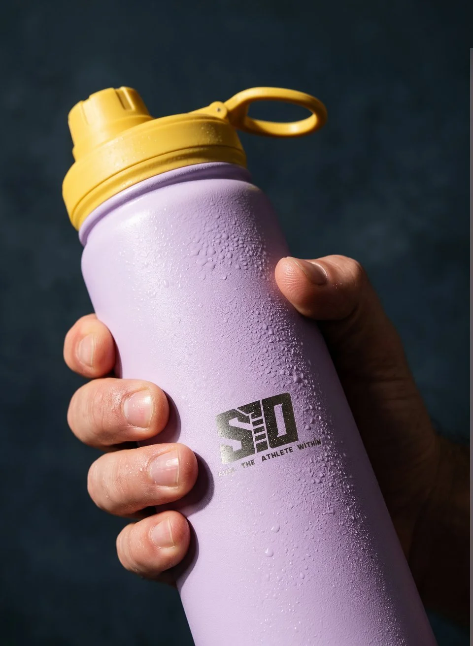 A hand holding a purple water bottle with a yellow lid, condensation droplets on the surface, and a logo that reads "SILO" with the tagline "Fill the athlete within."