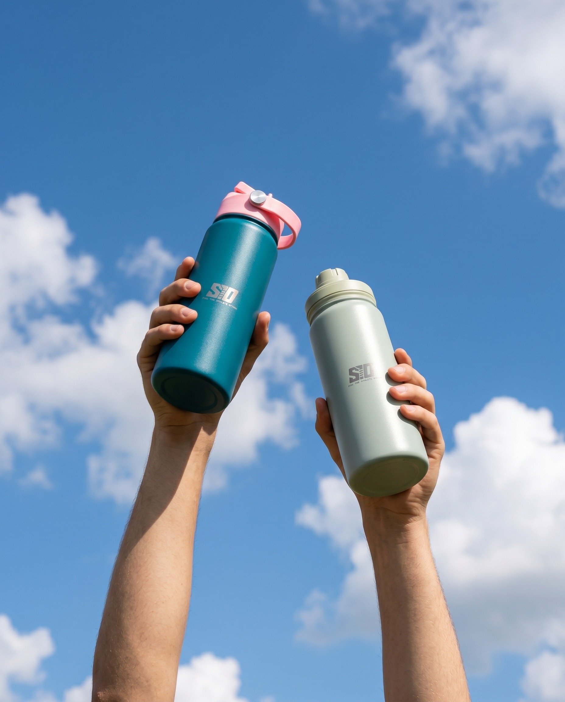 Three hands holding up colorful water bottles against a bright blue sky with scattered clouds.