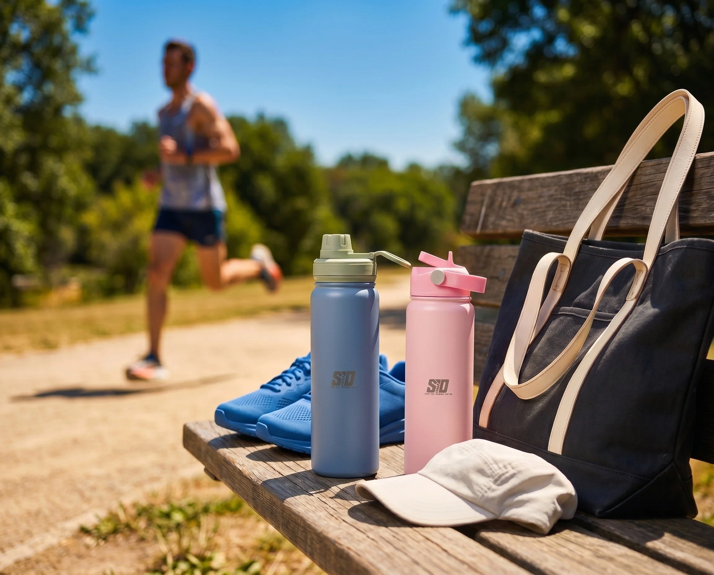 Water bottles, athletic shoes, a shoulder bag, a hat, and a water spray bottle on a wooden bench outside in a park with a blurred woman running in the background.