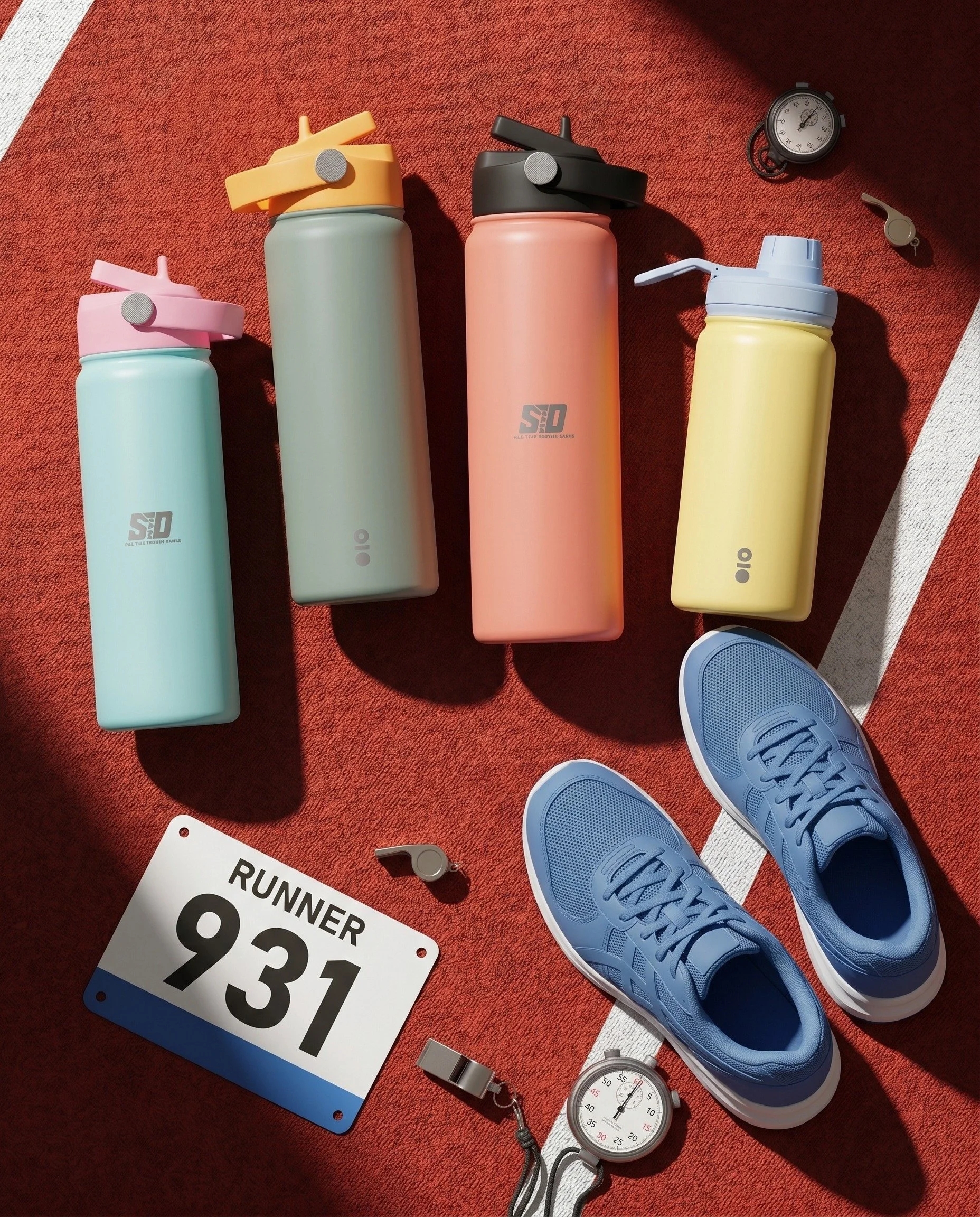 Vases in pastel colors, a race bib, stopwatch, and shoe on a red running track