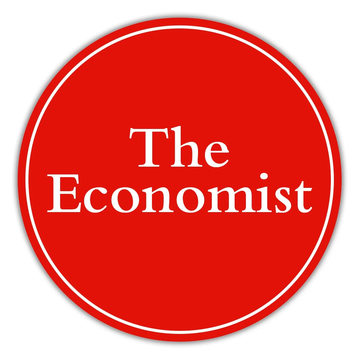 Red circular sign with white border and text that reads 'The Economist'.