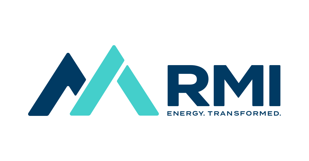 A logo with stylized mountain peaks in dark blue and light blue, and the text 'RMI' in bold with the tagline 'Energy. Transformed.' underneath.