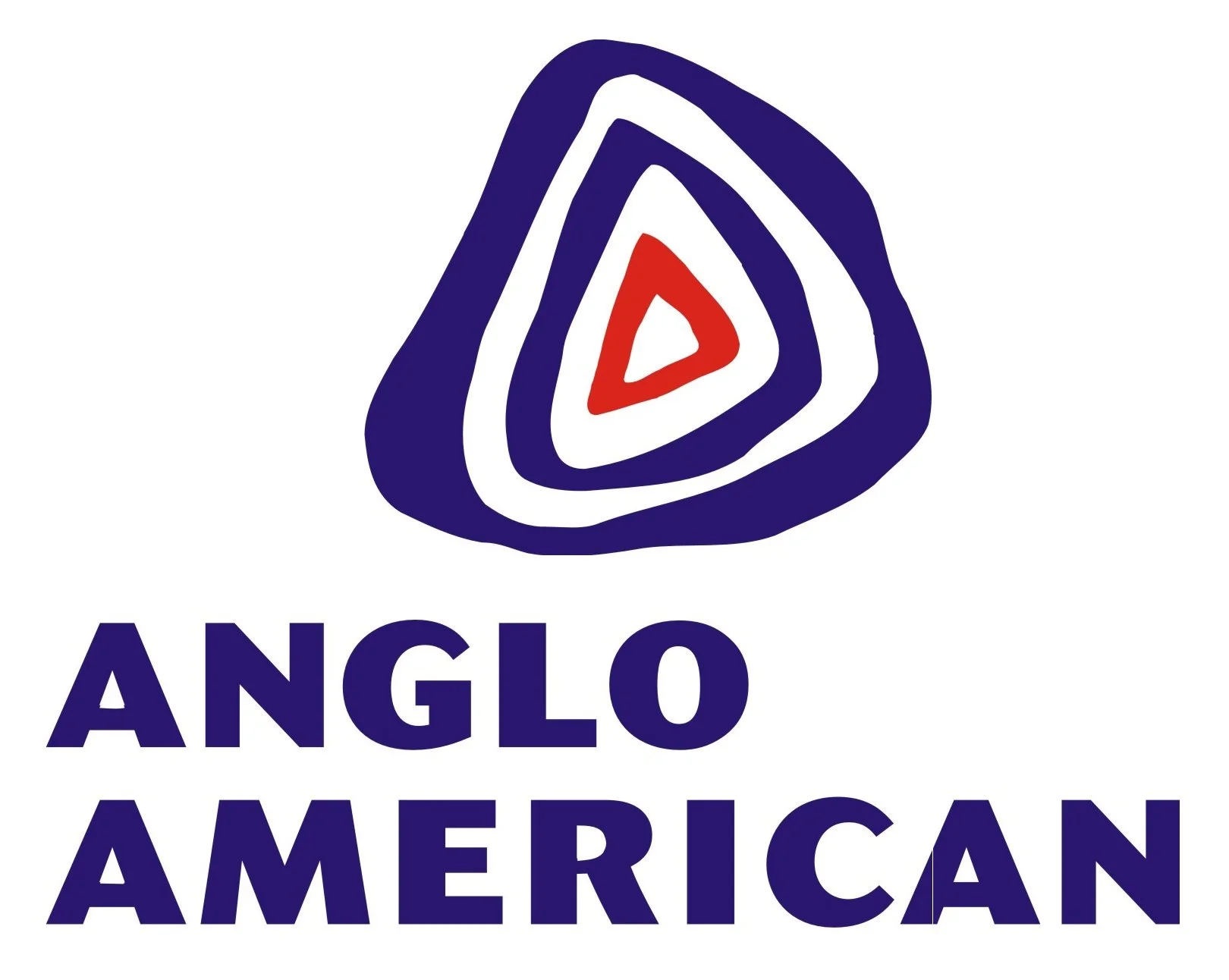 Logo of Anglo American, featuring a stylized triangular design with red, white, and blue colors and the company name in bold blue letters beneath.