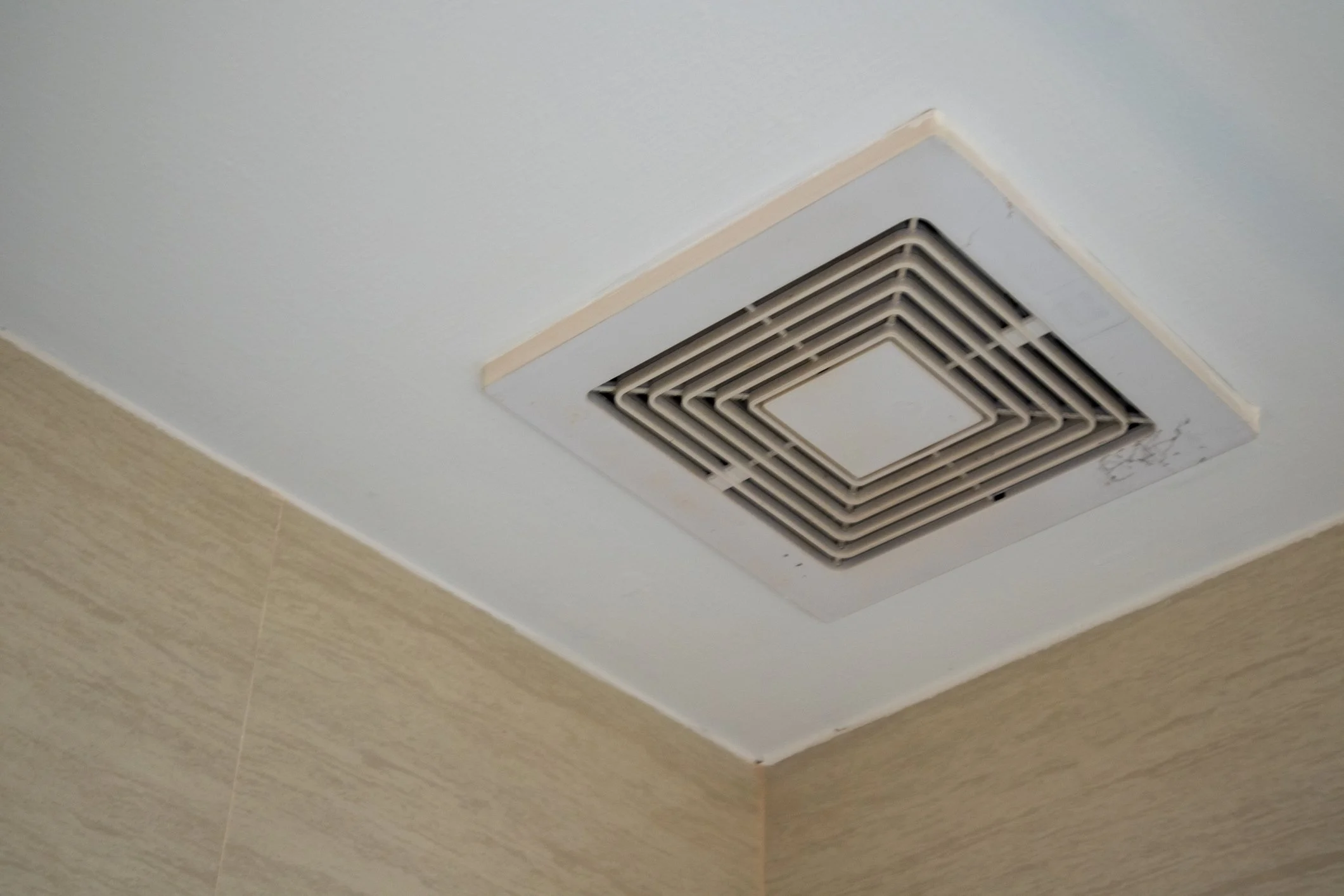 Worn bathroom exhaust fan with loose bearing on white ceiling, the sound that played every night while paying off $90,000 in student loans and dreaming of financial independence.