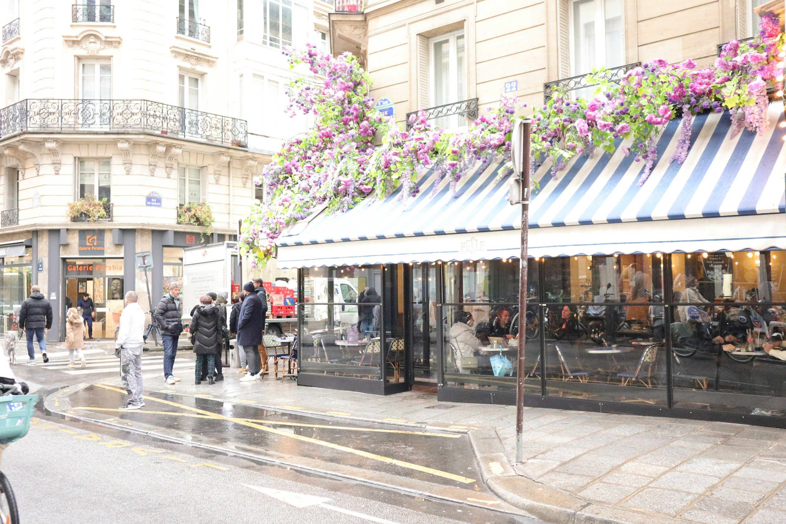 A rainy March morning at a classic Parisian cafe with warm interior light glowing through the glass walls and a cascade of magenta wisteria over the blue awning, the off season Paris where two-dollar baguettes taste like stolen sweetness.