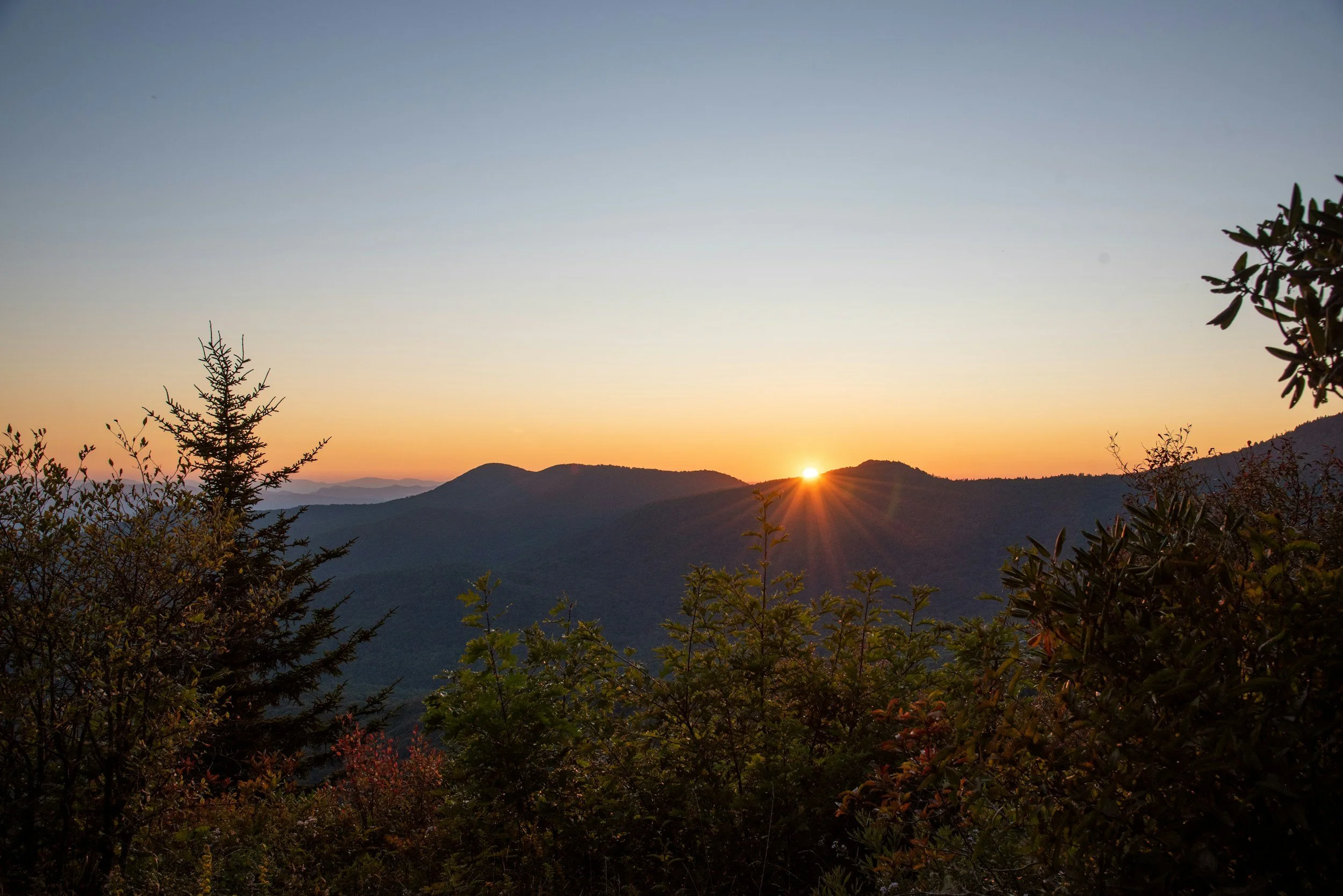 Sunset starburst over layered Blue Ridge Mountain silhouettes viewed from a forested Virginia summit