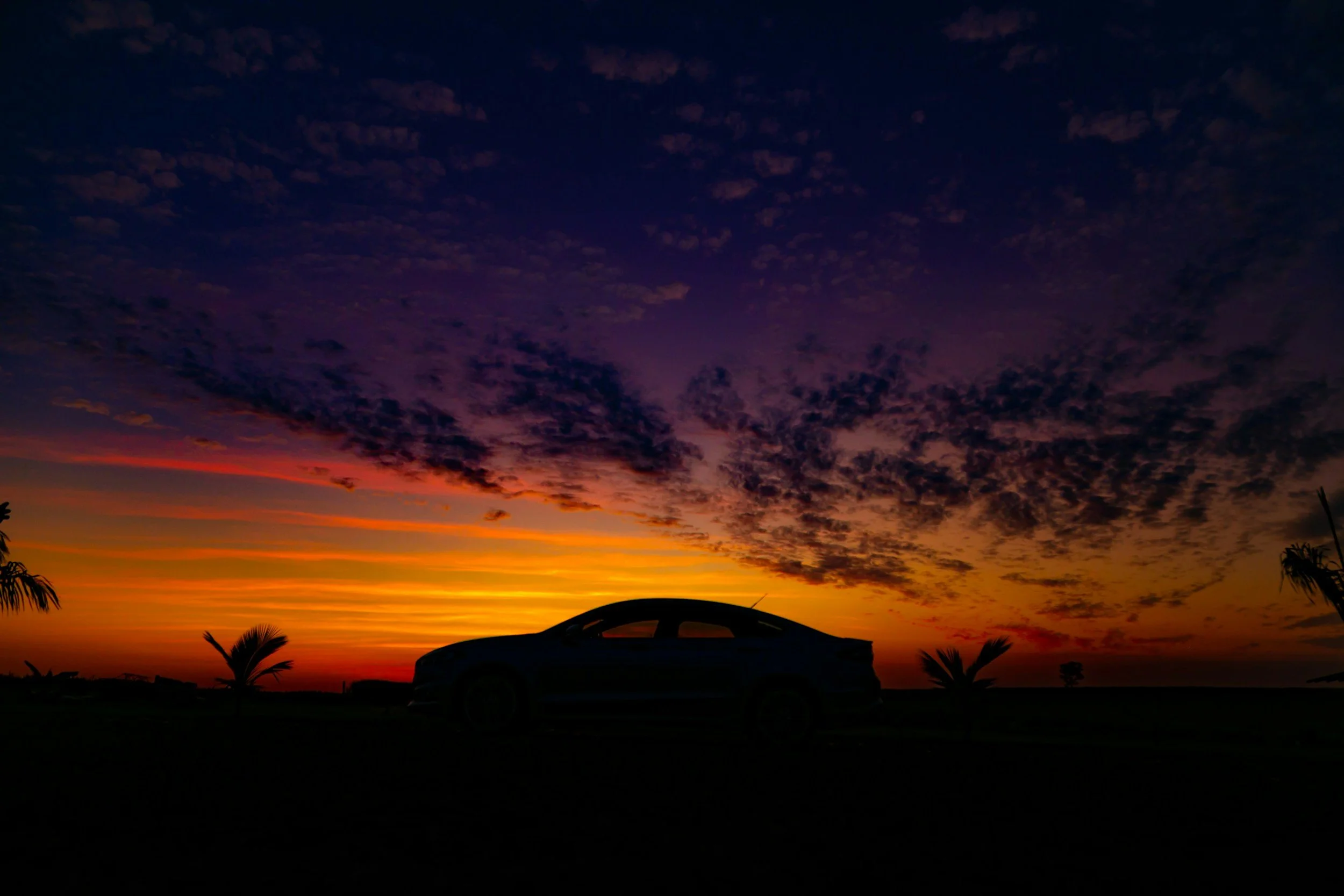 Sedan silhouette against a dramatic multi-color Arizona desert sunset with palm trees representing the journey from accumulation to a new phase of life