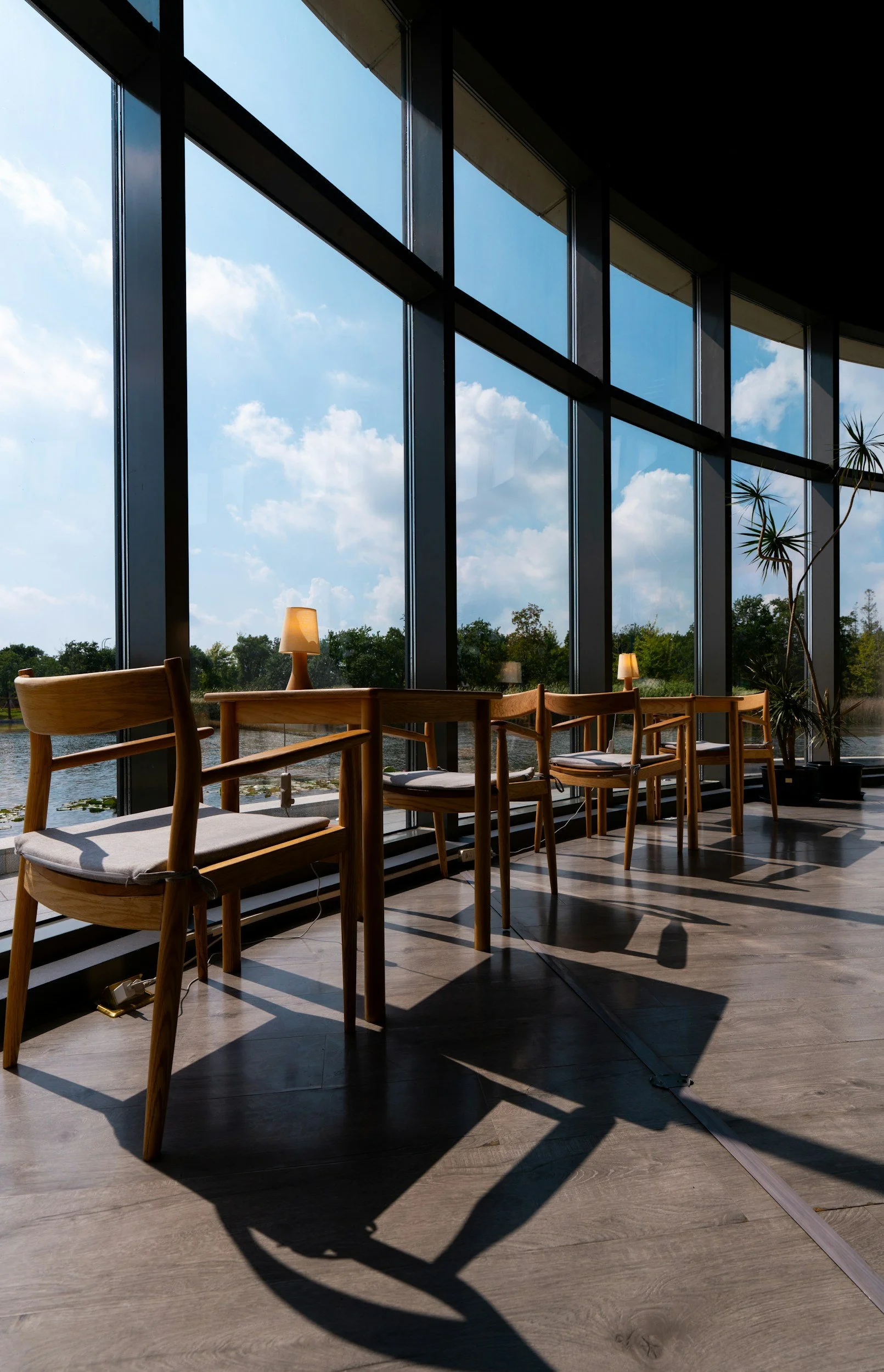 Empty wooden chairs along floor-to-ceiling windows in a quiet coffee shop with warm morning light streaming in and a view of water and trees beyond