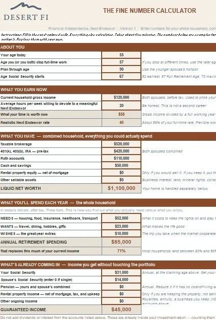 The FINE Number Calculator input tab, with sand-colored cells for age, household income, Next Endeavor hours, and investment balances - a free, private retirement stress test that shows how much part-time income makes your plan work
