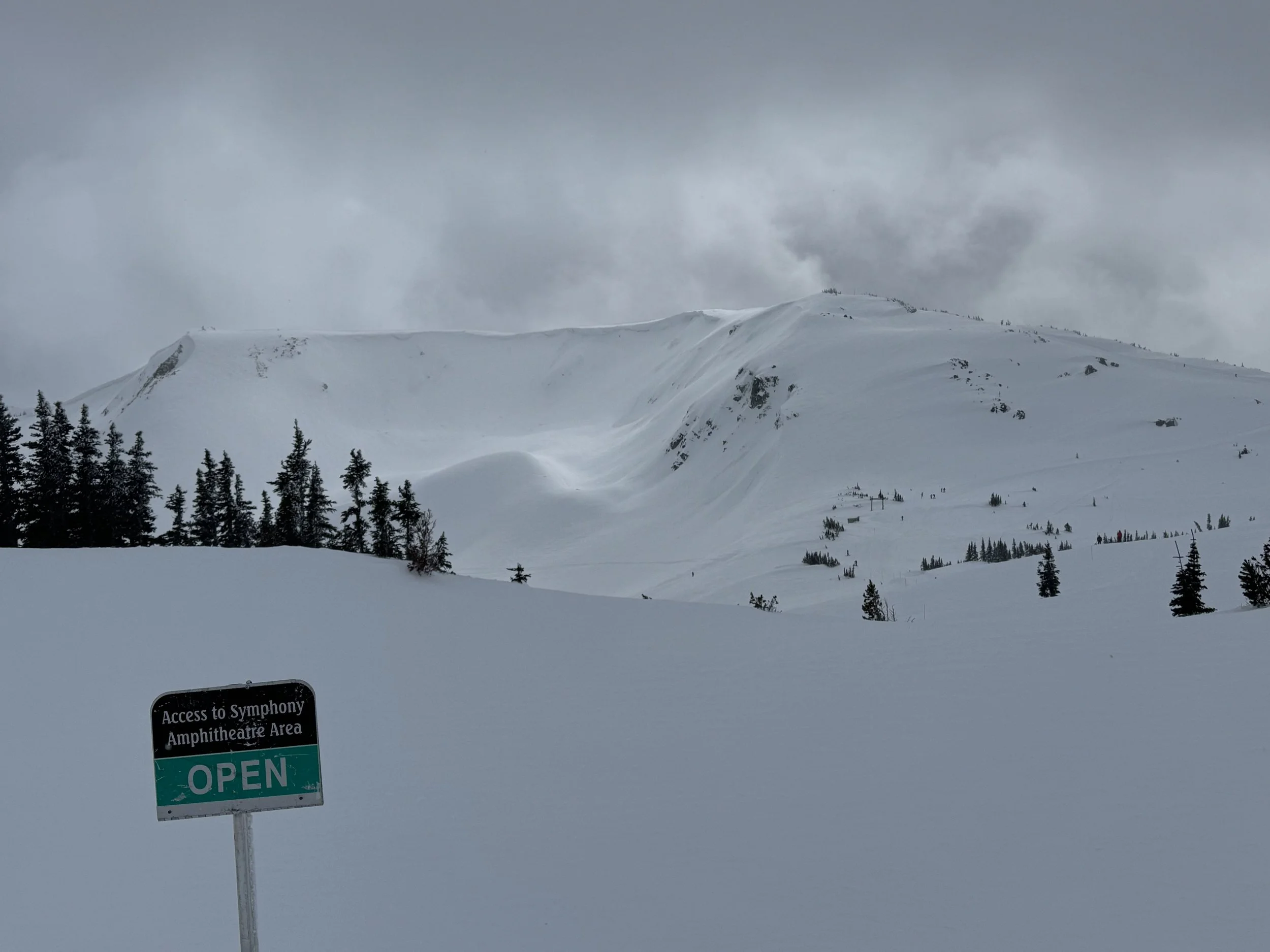 Snow-covered Symphony Amphitheatre access sign reading OPEN at Whistler Blackcomb, with a vast untracked powder bowl and mountain peak visible in the background.
