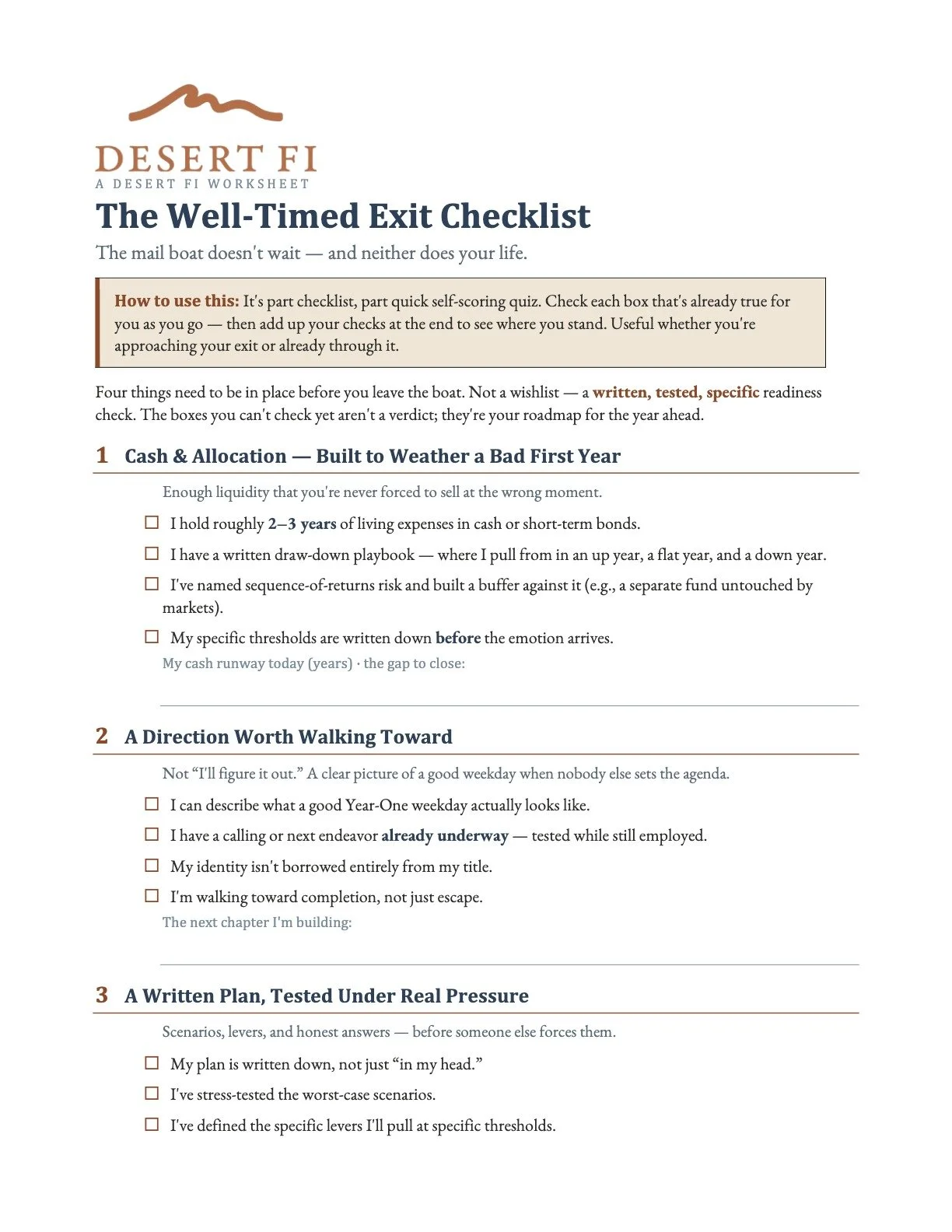A worksheet titled 'The Well-Timed Exit Checklist' from Desert FI, containing a checklist for financial and personal preparedness before leaving a boat, with sections on cash and allocation, walking toward a clear future, and having a written plan.