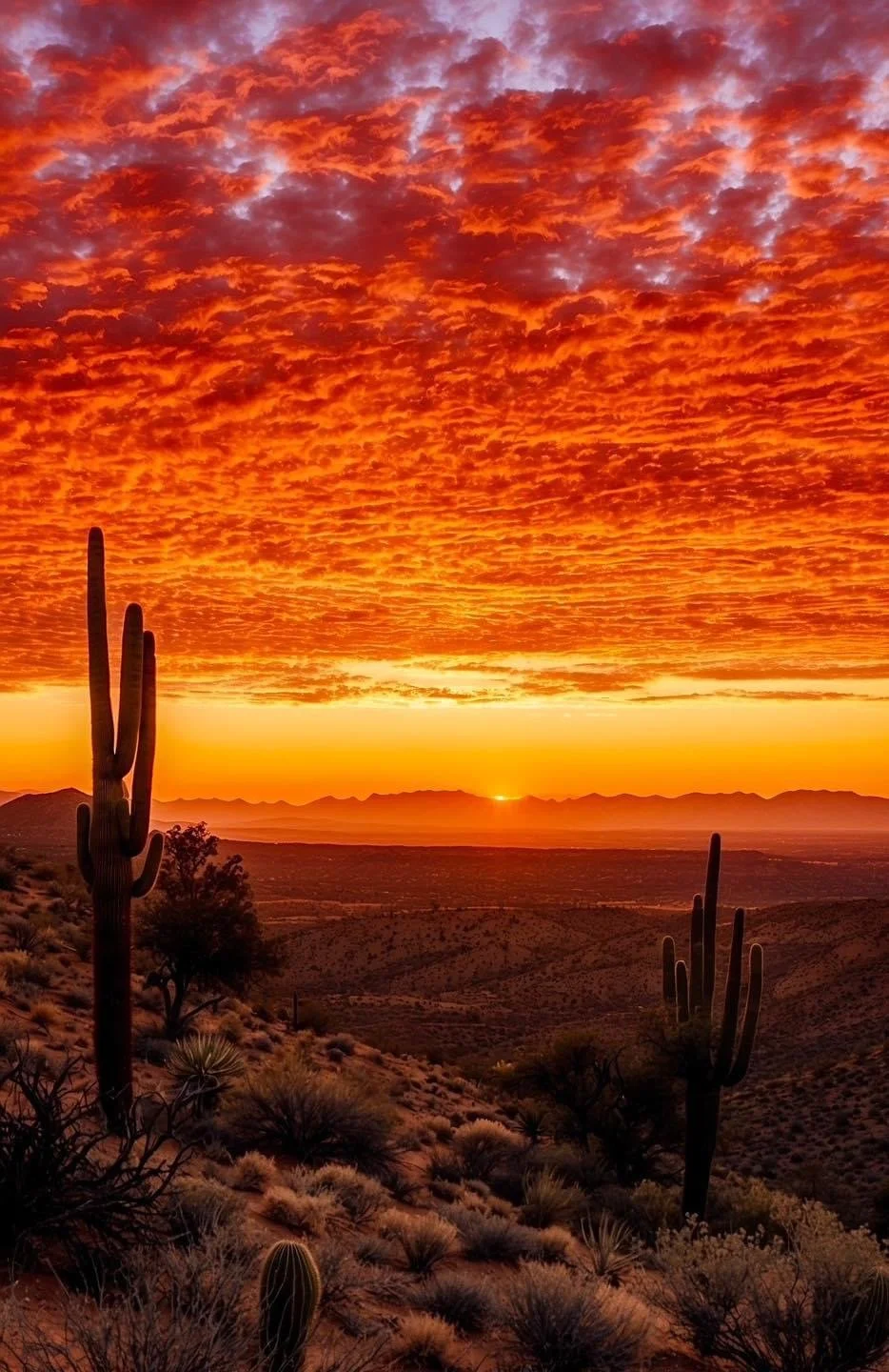 Saguaro silhouettes against a fiery orange sunset over the Arizona desert - the landscape that made us stay