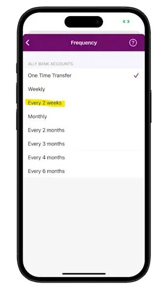Ally Bank transfer setup screen showing biweekly frequency option for replicating a retirement paycheck from an external account