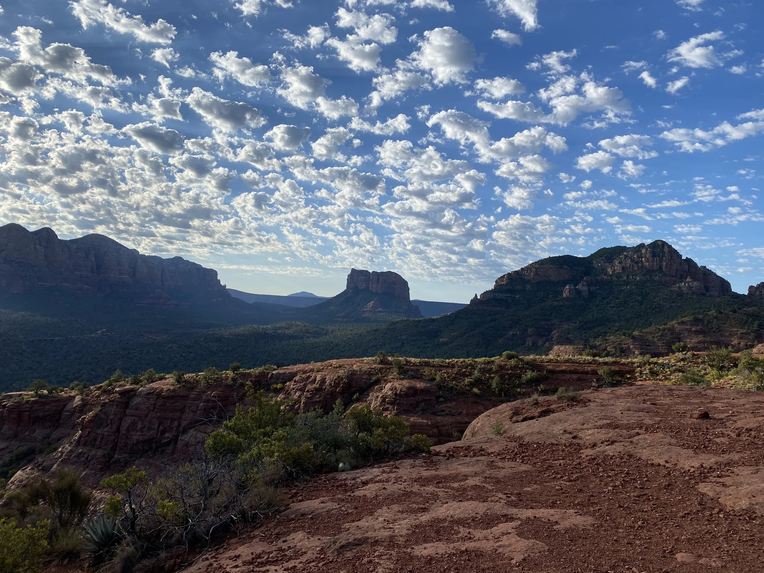 A landscape view of a canyon with rocky terrain, sparse green vegetation, and mountains in the background under a sky filled with scattered clouds.