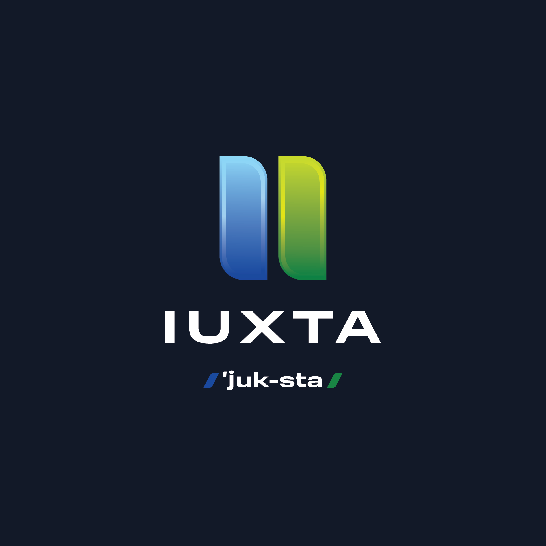 Logo for IUXTA with stylized blue and green 'N' symbol and text 'IUXTA' and 'juk-sta' on a dark background.