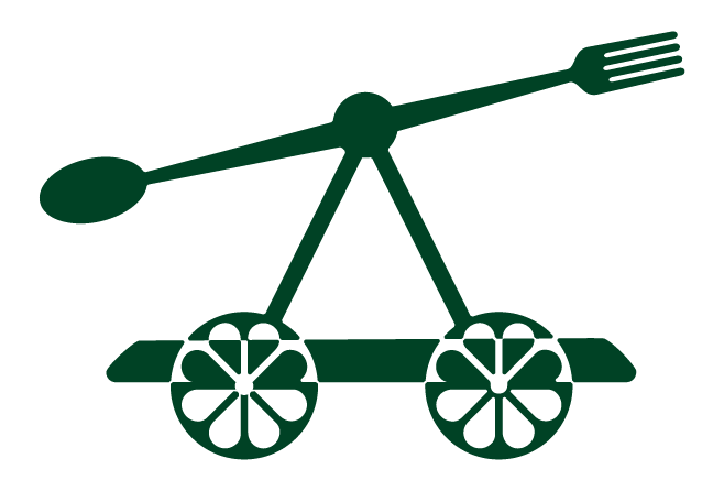 Grafik eines Fahrrad-Charakters mit Gabeln und Rädern, die wie Blüten oder Blumen gestaltet sind.