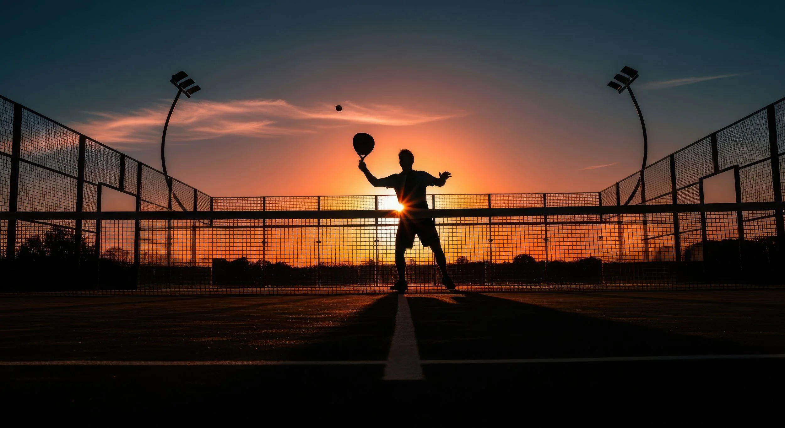 Ein Tennisspieler steht auf einem Tennisplatz beim Sonnenuntergang, während er den Ball schlägt, silhouettenhaft gegen den Himmel.