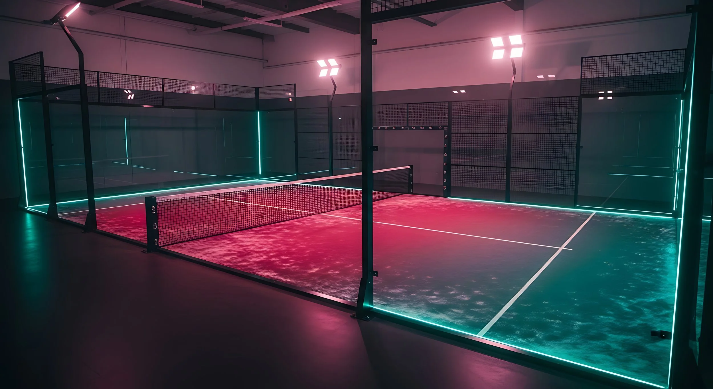 Dunkle Indoor-Trainingshalle mit beleuchteten Padel-Tennisplätzen, mit Neonlichtern in Pink und Blau, und einer Glastrennwand.