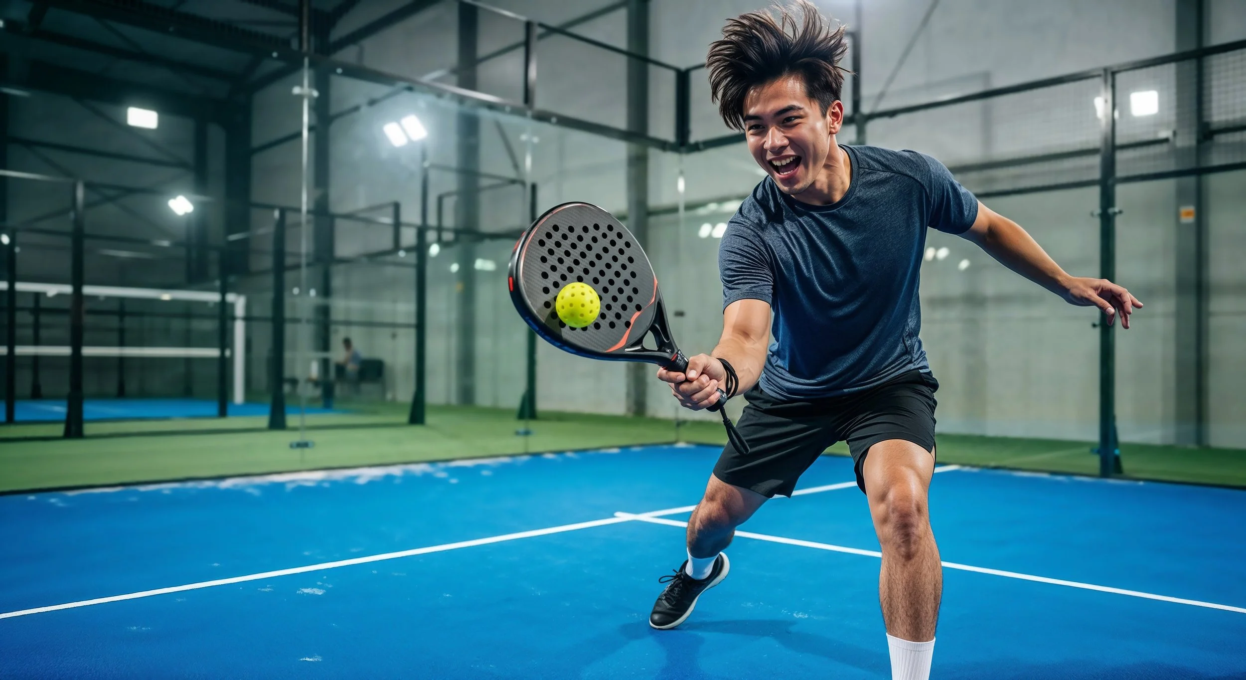 Junge Person beim Sport auf einer Indoor-Padel-Plattform, während er einen Padel-Schläger benutzt, um einen gelben Ball zu treffen.