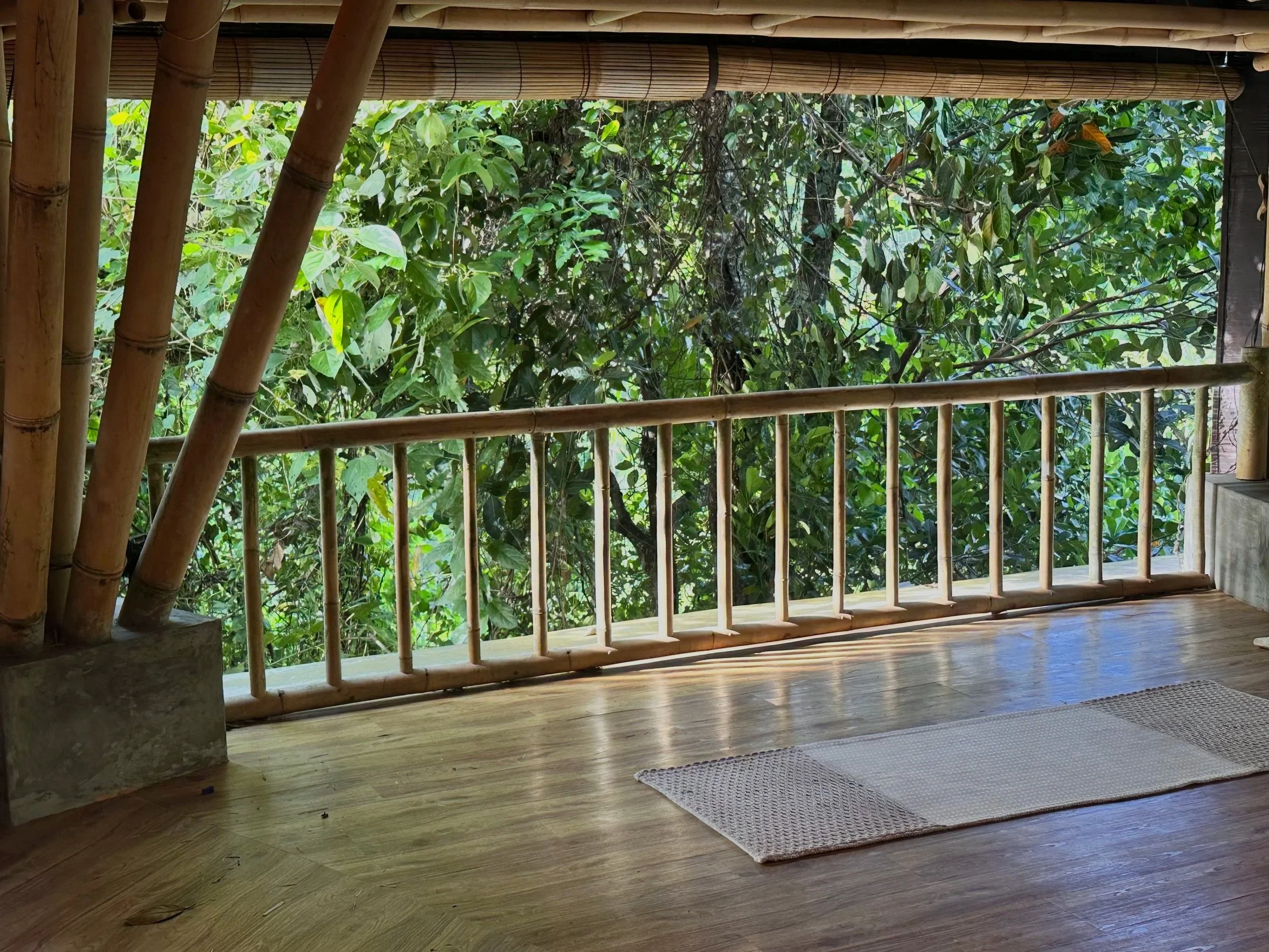 Wooden bungalow balcony overlooking lush green foliage with bamboo railing and mat on the floor.