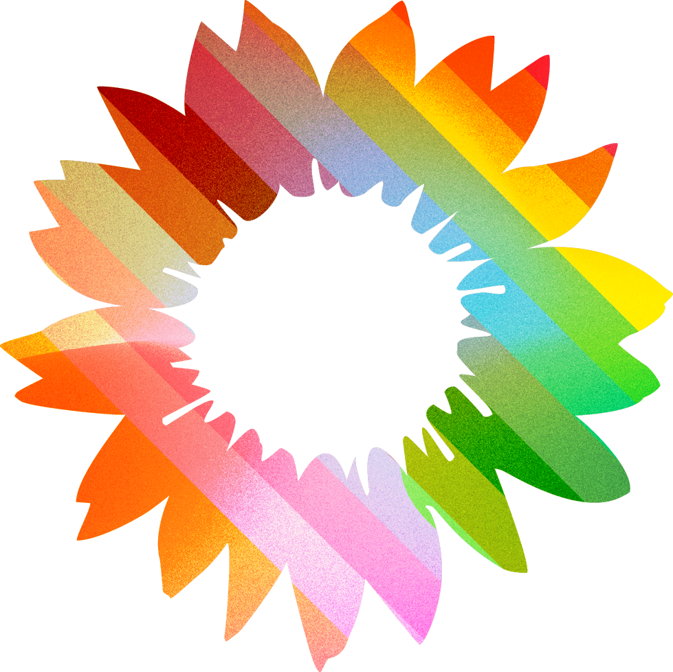Bunter, stilisierter Blumenkranz in Regenbogenfarben mit offenem Mittelpunk