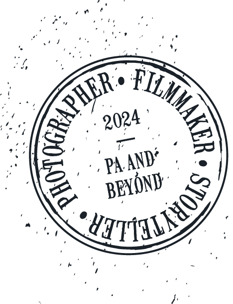 A circular stamp design with the text 'Photographer, Filmmaker, Storyteller' around the perimeter, and '2024, PA and Beyond' in the center.