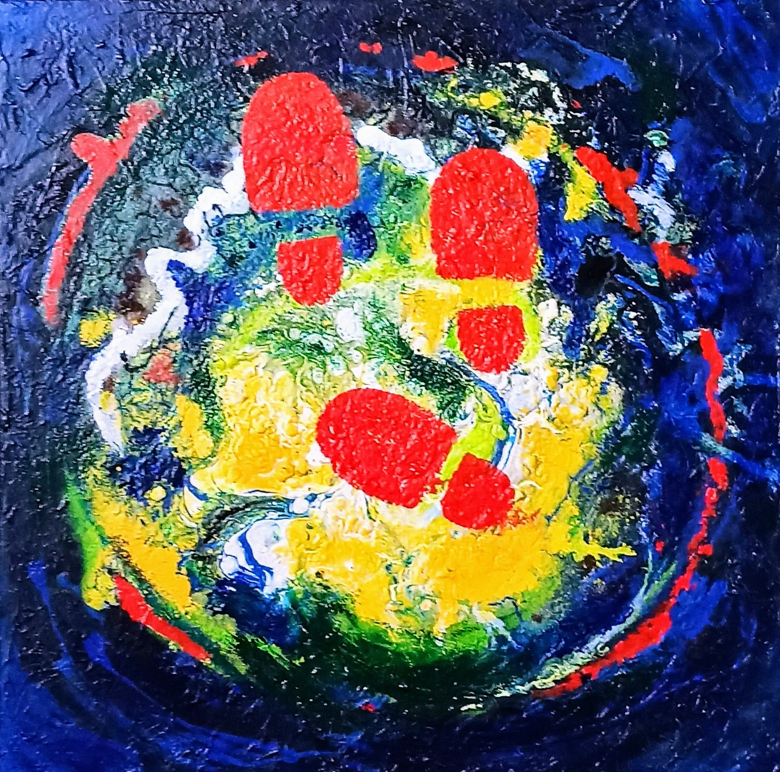 Abstraktes, farbenfrohes Gemälde mit roten, gelben, grünen, weißen und blauen Farbstrukturen auf dunklem Hintergrund.