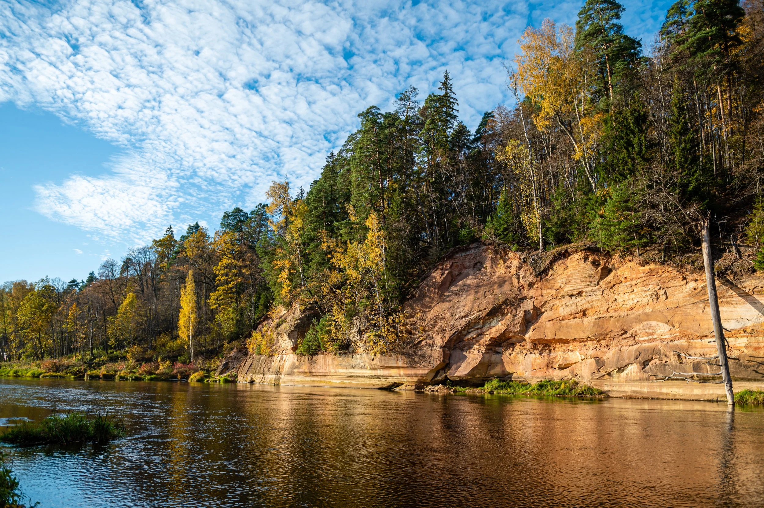 Ein Fluss fließt neben einem bewaldeten Hang mit Felsen. Der Himmel ist überwiegend bewölkt, mit einigen blauen Stellen.