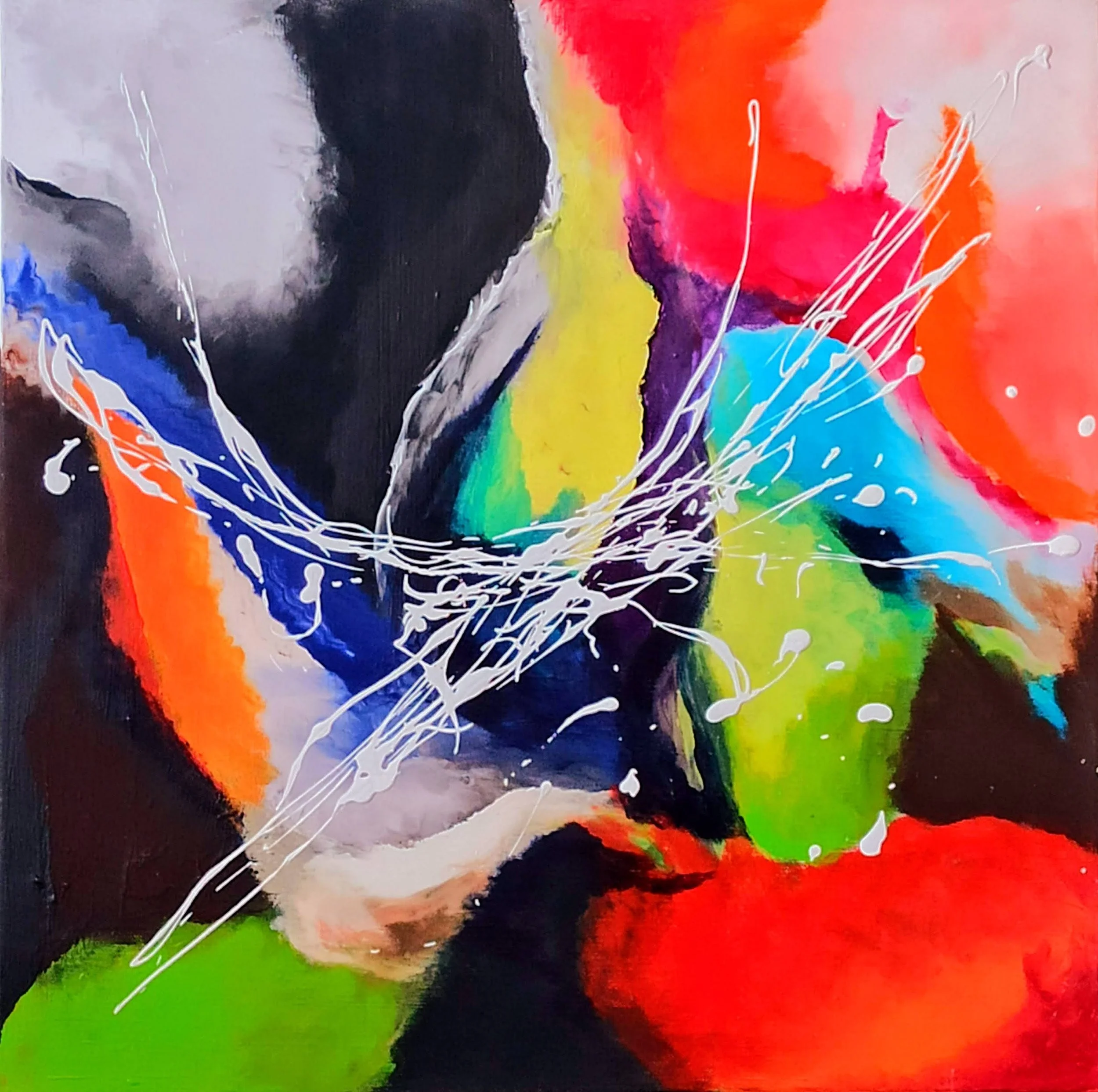 Abstraktes Gemälde mit lebhaften Farben und weißen Spritzern, hauptsächlich in Schwarz, Rot, Orange, Gelb, Grün, Blau und Lila.