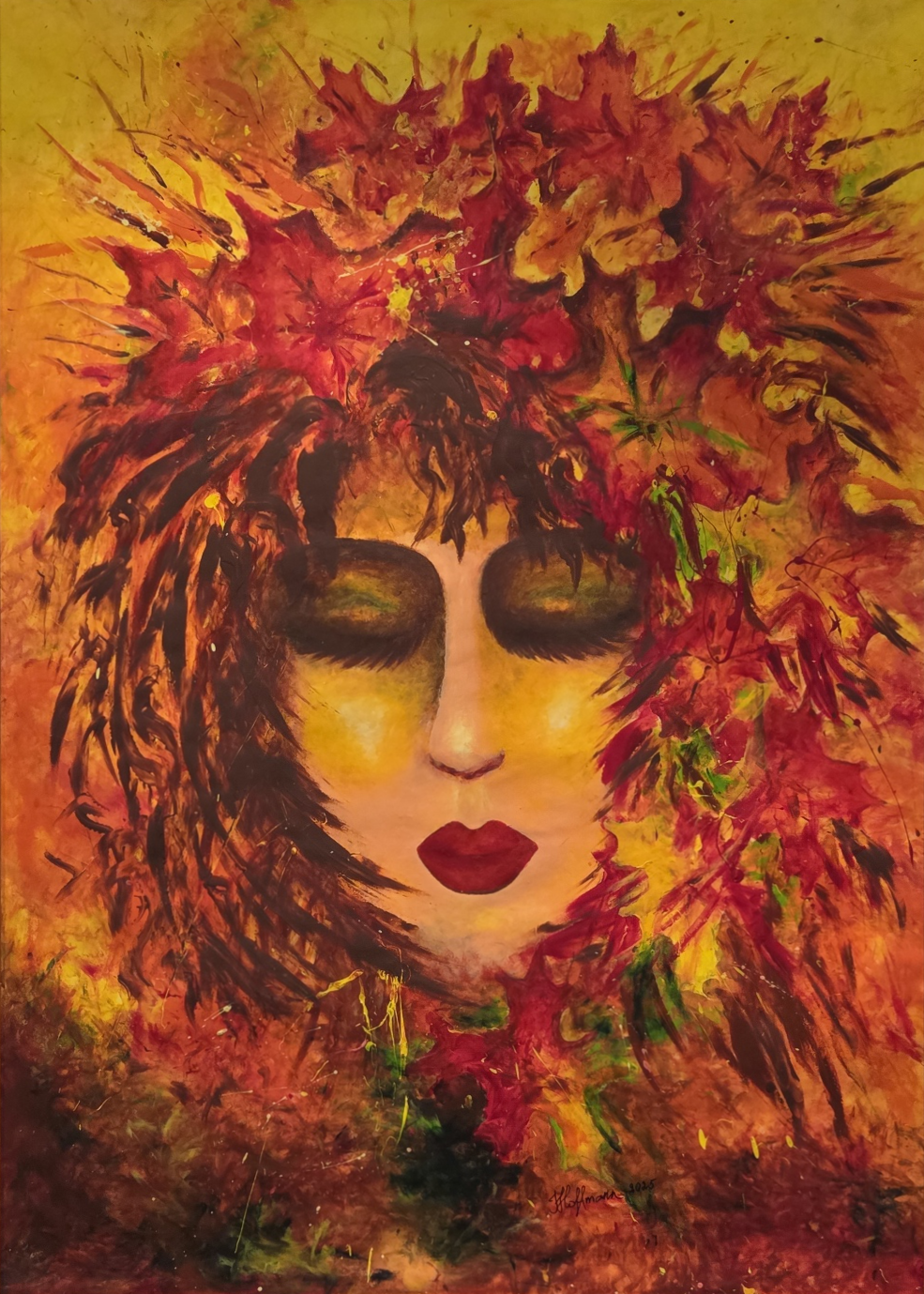 Gemälde einer Frau mit roten Lippen, geschlossenen Augen und einer Haarkrone aus roten und orangefarbenen Blättern in warmen, leuchtenden Farben.