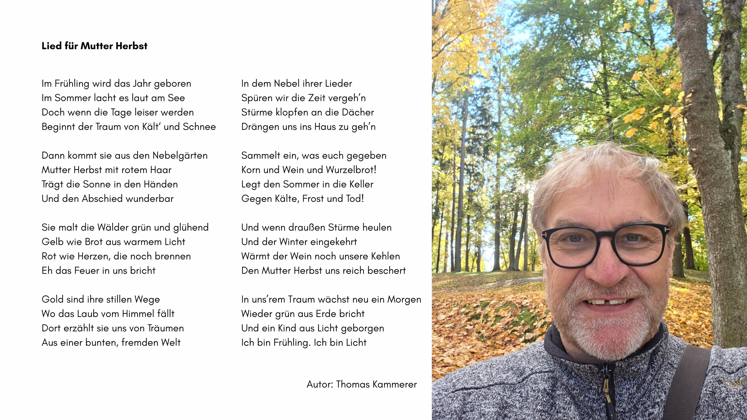 Ein Weihnachtsgedicht auf der linken Seite und ein Mann, der im Herbstwald steht, auf der rechten Seite des Bildes.