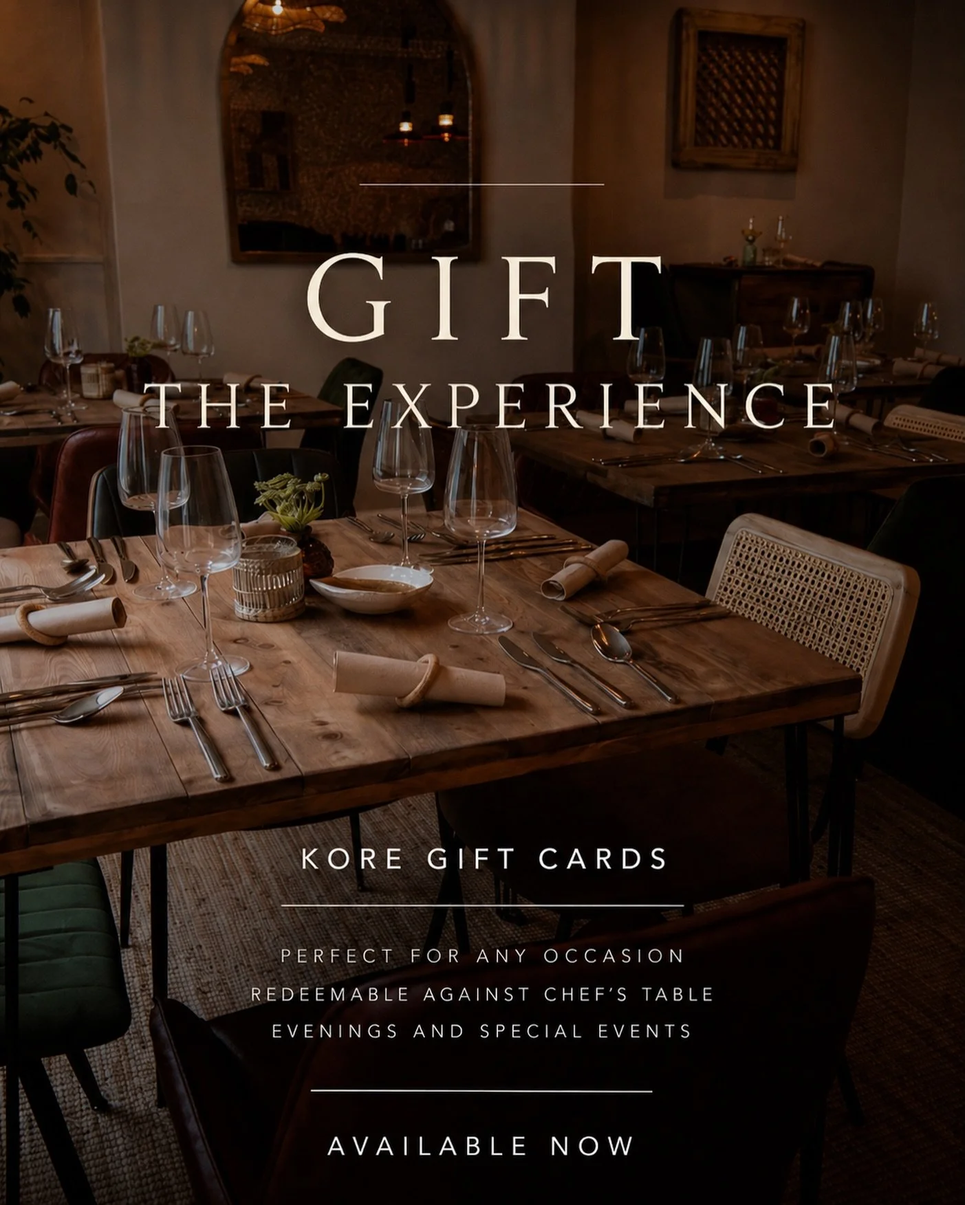 Happy Bank Holiday weekend ☀️

We&rsquo;ve officially launched our gift cards &mdash; a thoughtful way to treat someone to a future experience at kore.

Our gift cards can be used towards any of our chef-led events, dining experiences, and upcoming e