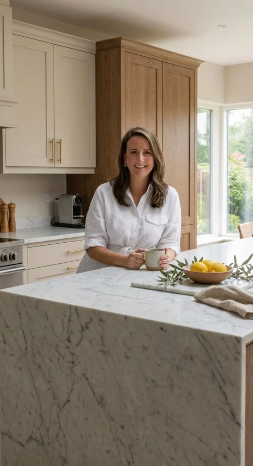 A woman with shoulder-length brown hair in a white shirt, smiling and holding a mug in a kitchen with white and wooden cabinets, a marble countertop with lemons in a bowl, and large windows showing greenery outside.
