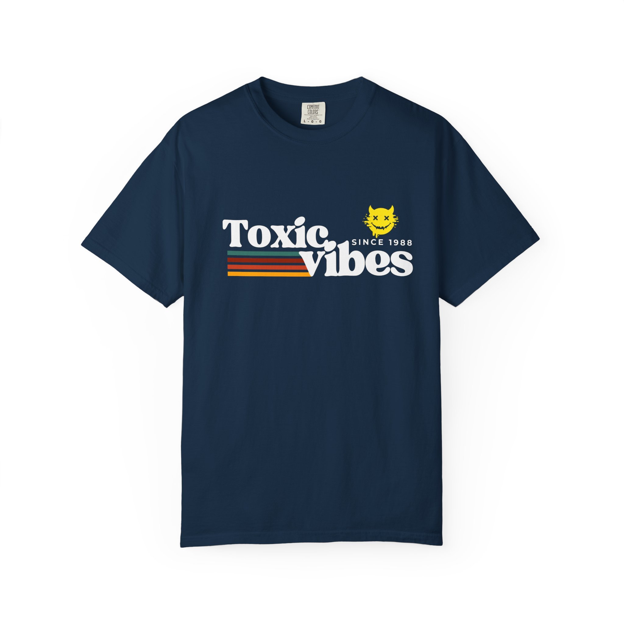 Toxic Vibes T-Shirt — Retro Striped Graphic Tee with Happy Devil