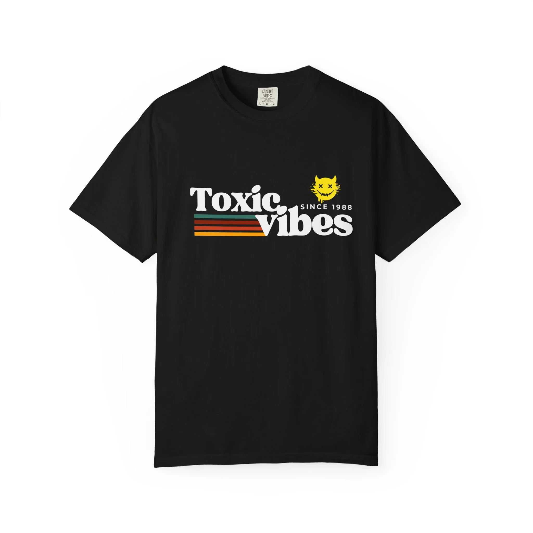 Toxic Vibes T-Shirt — Retro Striped Graphic Tee with Happy Devil