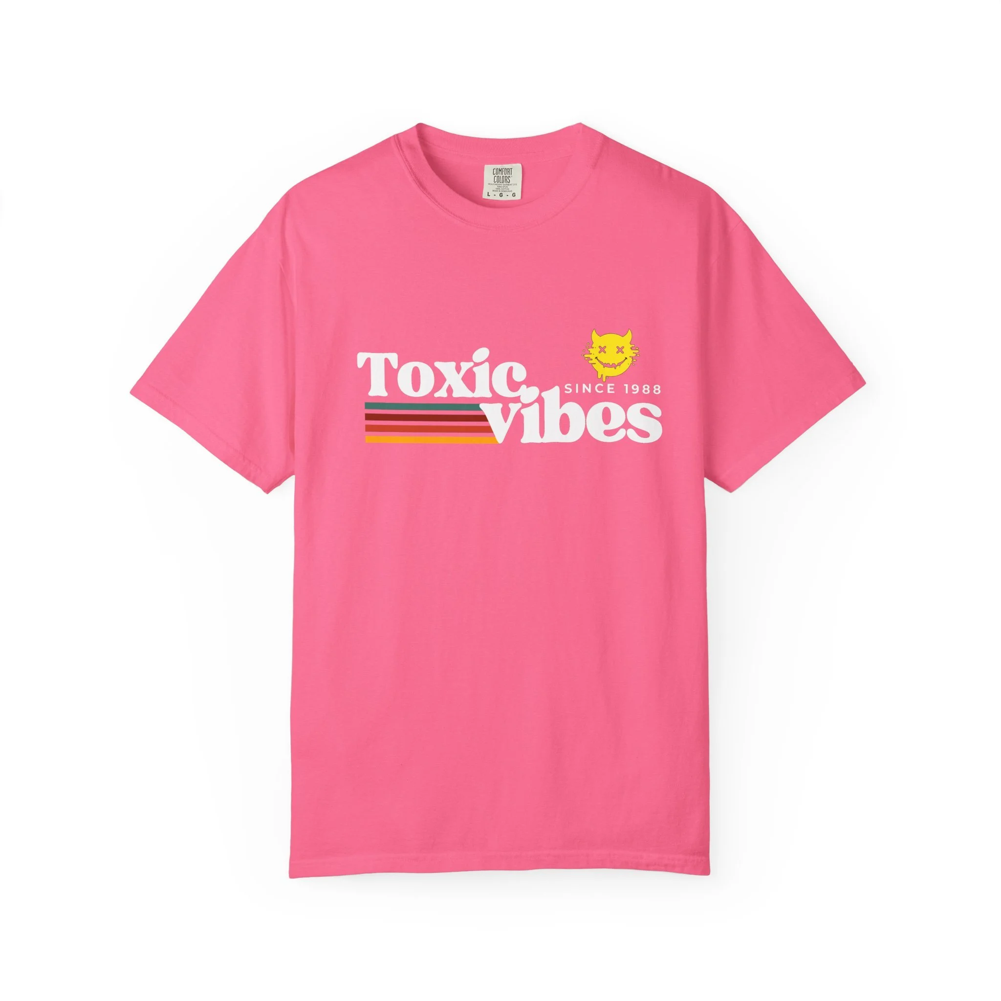 Toxic Vibes T-Shirt — Retro Striped Graphic Tee with Happy Devil