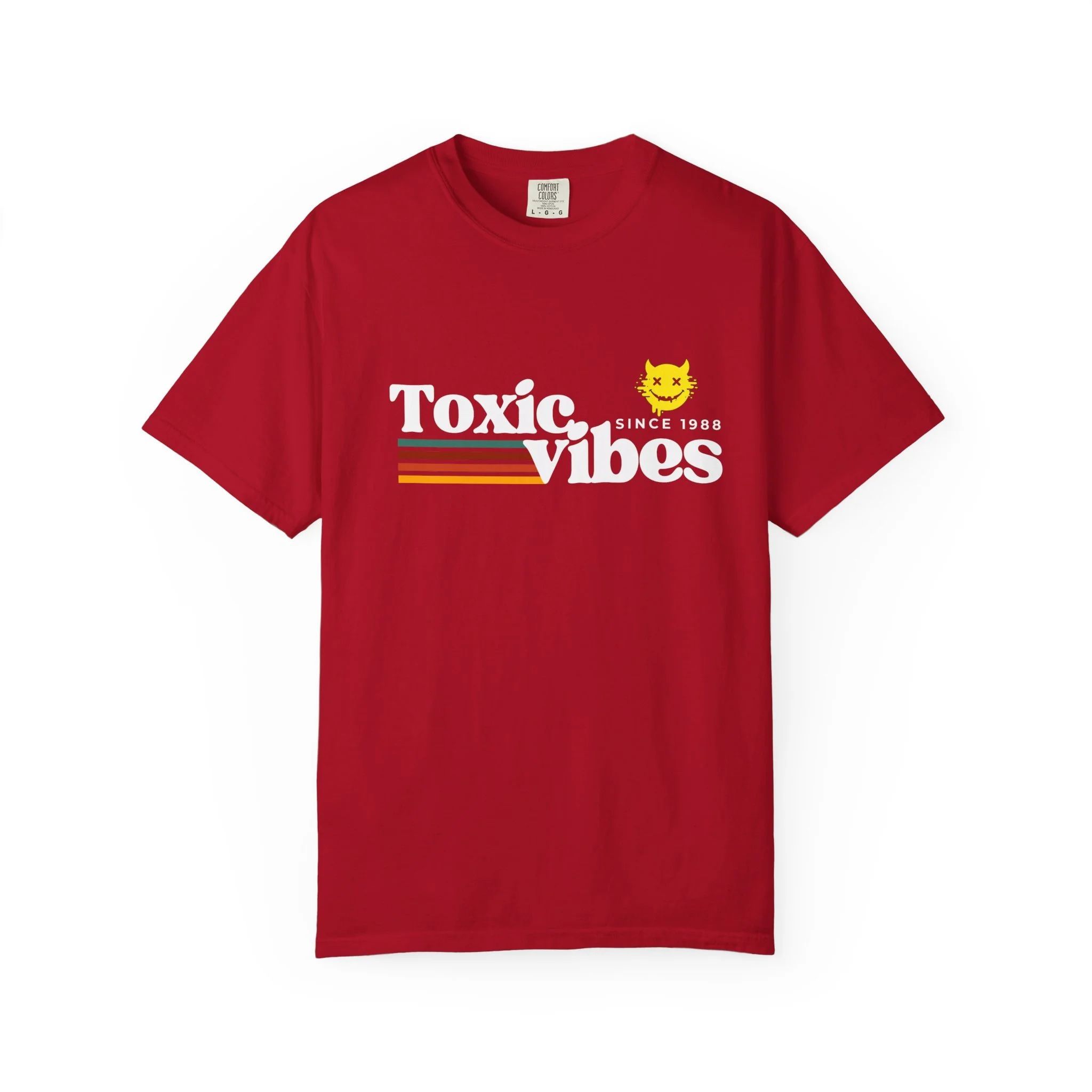 Toxic Vibes T-Shirt — Retro Striped Graphic Tee with Happy Devil