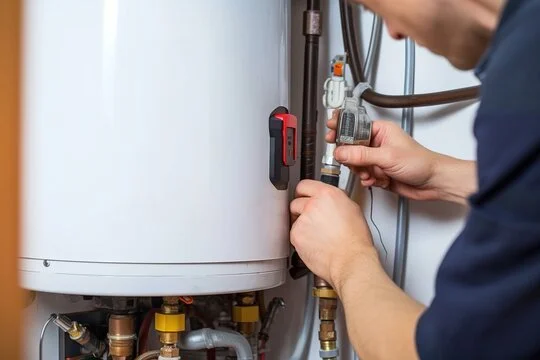 A person using a wrench to work on a water heater or boiler.