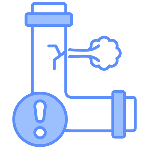 A cartoon illustration of a broken pipe with steam coming out and a warning exclamation mark.