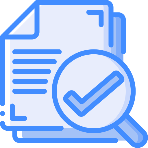 A stack of documents with a magnifying glass displaying a checkmark over them.
