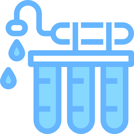 Water filter with three filtration cartridges and a faucet on top.