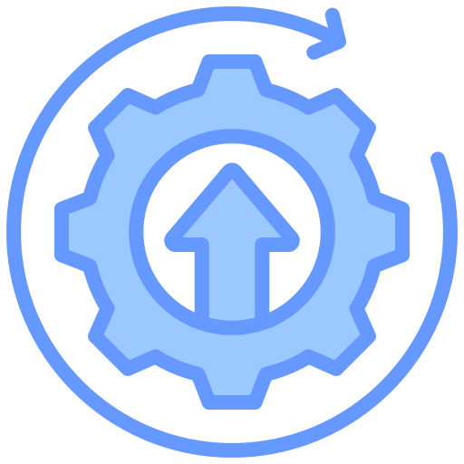 Blue gear icon with an upward arrow inside and a circular arrow surrounding it.