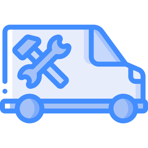 Icon of a delivery truck with a hammer and wrench symbol, representing repair or maintenance services.
