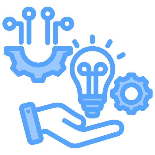 Illustration of a hand holding a light bulb, with gear icons and circuit lines, representing innovation and technology.