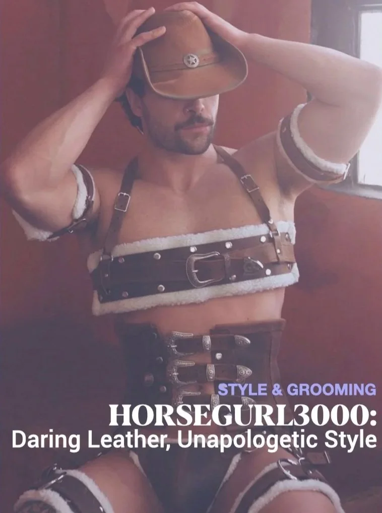 A man wearing a leather riding crop top, matching leather accessories, and a cowboy hat. He is posing inside with one arm raised to his head, the other on his forehead, in a suggestive style.