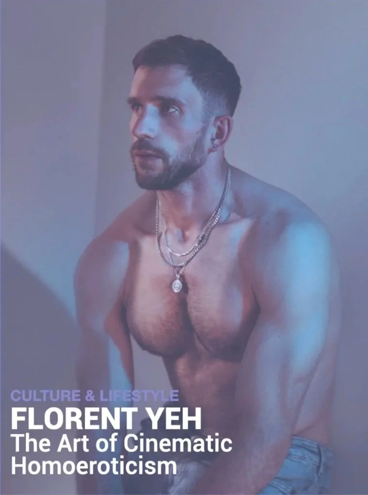 Magazine cover featuring a shirtless man with short dark hair and a beard, wearing layered necklaces, sitting against a plain background, with text about culture, lifestyle, and cinematic homoeroticism.