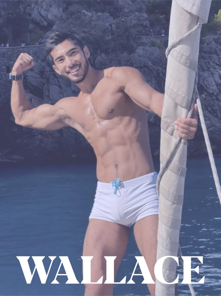 A shirtless man with dark hair and a beard, wearing white swim trunks, holding a sailboat's mast and anchor, smiling at the camera, with rocky cliffs and water in the background, and the text 'Wallace' at the bottom.
