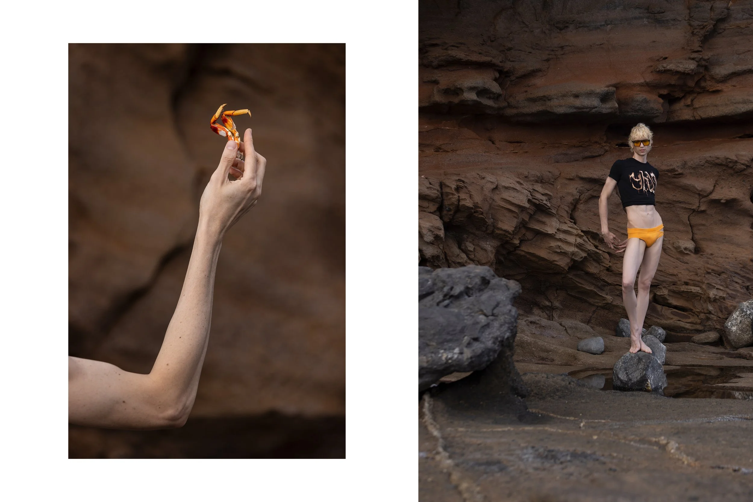A young man stands under a cliff wearing yellow underwear. The other photo pictures his hand holding a yellow grab. Photo by @papagnimeca