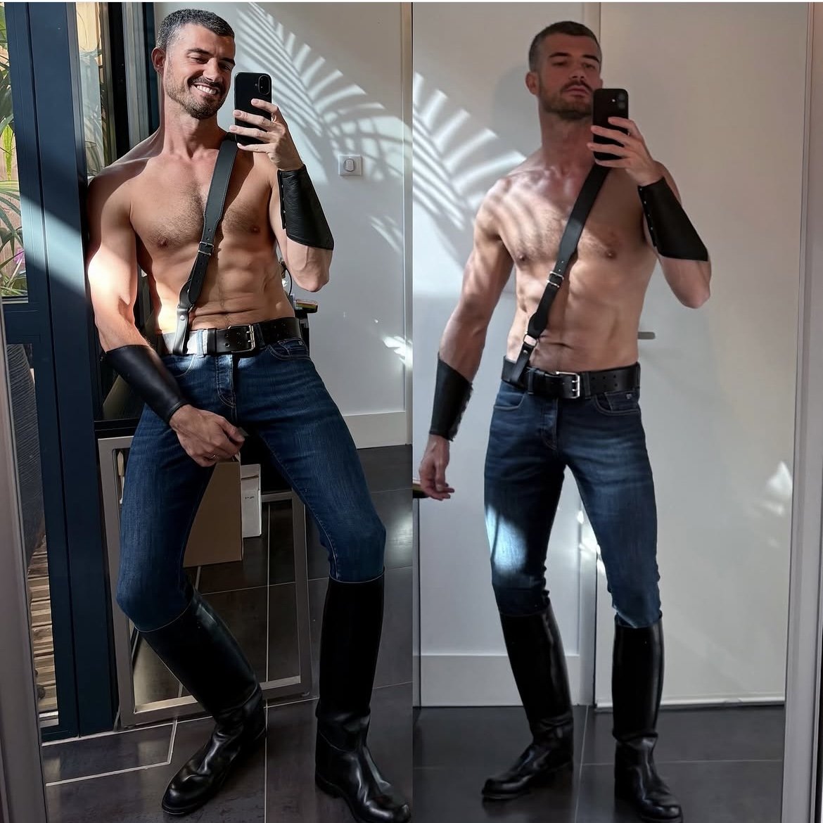 Thibaud wearing jeans and leather acessories